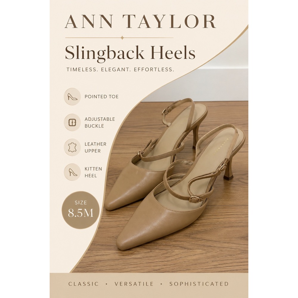 Ann Taylor Nude Leather Slingback Heels Pointed Toe Kitten Heel Pumps 8.5